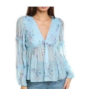 LoveShackFancy Blue Puff Sleeve Tie Front Blouse